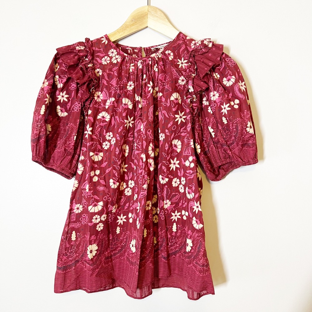 Ulla Johnson Arbor Burgundy Floral Ruffle Puff Sleeve Blouse Top Size 4